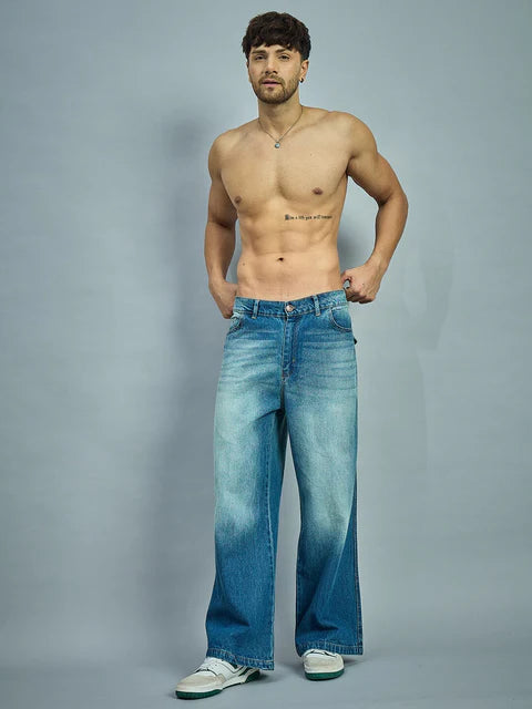 Blue Washed Bootcut Loose Fit Jeans